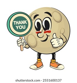 Moon mascot character illustration carrying a sign saying thank you, cartoon mascot isolated, work of hand drawn