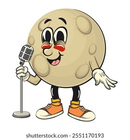 Moon mascot character illustration in front of the mic become a stand up comedian, cartoon mascot isolated, work of hand drawn