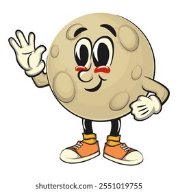 Moon mascot character illustration greet by waving hand, cartoon mascot isolated, work of hand drawn