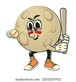 Moon mascot character illustration playing baseball ready to hit the ball with the ba, cartoon mascot isolated, work of hand drawn