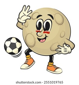 Moon mascot character illustration playing football or soccer ball with his feet, cartoon mascot isolated, work of hand drawn