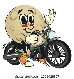 Moon mascot character illustration riding a big motorcycle, cartoon mascot isolated, work of hand drawn