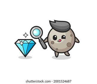 moon mascot is checking the authenticity of a diamond , cute style design for t shirt, sticker, logo element