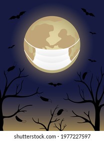 Moon in medical mask. Halloween during quarantine. Vector illustration.