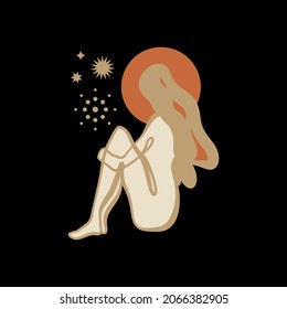 Moon Meditation Girl Sacred Vector Art Vector Moonchild Holistic New Age Illustration 