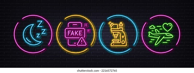 Moon, Microscope and Fake news minimal line icons. Neon laser 3d lights. Honeymoon travel icons. For web, application, printing. Night dream, Chemistry laboratory, Wrong information. Love trip. Vector