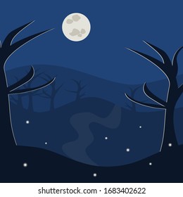 Bosque lunar y medianoche con luciérnagas. Paisaje de caricaturas con siluetas de árboles azules en un bosque nocturno oscuro. Ilustración vectorial. 