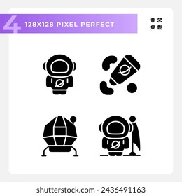 Iconos de glifo negro perfecto del pixel de la misión de la luna establecidos en el espacio blanco. Agencia Espacial. Módulo lunar. Programa Apolo. La ciencia espacial. Símbolos de silueta. Paquete de pictogramas sólido. Ilustración aislada del vector