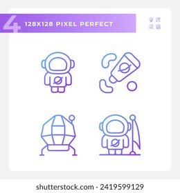 Moon mission pixel perfect gradient linear vector icons set. Space agency. Lunar module. Apollo program. Thin line contour symbol designs bundle. Isolated outline illustrations collection