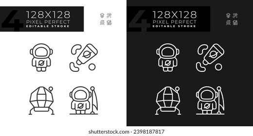 Moon mission pixel perfect linear icons set for dark, light mode. Space agency. Lunar module. Apollo program. Thin line symbols for night, day theme. Isolated illustrations. Editable stroke