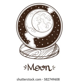 Moon monochrome drawing. The planet of the solar system in a glass bowl on a stand. Illustration for design on the astrology, astronomy, spirituality.