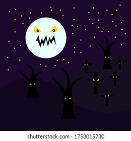 moon Monster trees and grave crosses with bright orange eyes shining in the dark night sky with bright stars Halloween concept Mysterious landscape