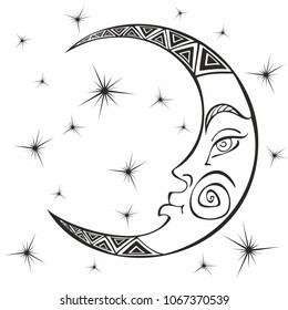 Moon. Month. Ancient astrological symbol. Engraving.  Boho Style. Ethnic. The symbol of the zodiac. Coloring.  Vector.