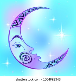 Moon. Month. Ancient astrological symbol. Engraving.  Boho Style. Ethnic. The symbol of the zodiac. Esoteric Mystical. Vector.