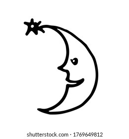 Moon, month. Vector linear illustration in doodle style on a white background. For the design of weather forecasts, postcards, invitations, stickers, icons, packaging, posters.