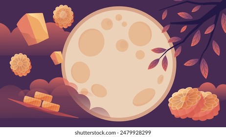 The moon, mooncakes, osmanthus tree, and Kongming lanterns, a background illustration celebrating the Mid-Autumn Festival