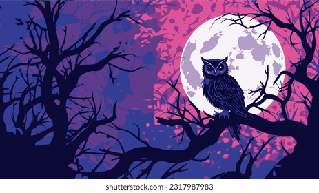 The moon and moonlight are behind an owl in a tree, halloween night, light sky - blue and purple,