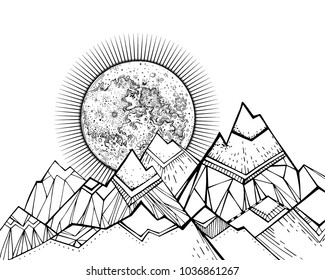 Moon, moonlight on top, mountain slopes, mountain landscape, hilly terrain. Coloring book, background, vector illustration, monochrome. A linear pattern for design. Art. Nature. Poster. Tourism.