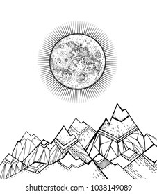 Moon, moonlight on top, mountain slopes, mountain landscape, hilly terrain. Pattern for coloring, background, vector illustration, monochrome. A linear pattern for design. Art. Nature.

