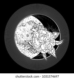 Moon, moonlight. Planetary motion. Earth satellite. Space. Orbital motion, monthly cycle. Poster, print. Vector illustration. The cosmic element Tattoo.  Lunar disk, symbol, mascot. Mysticism. Flower