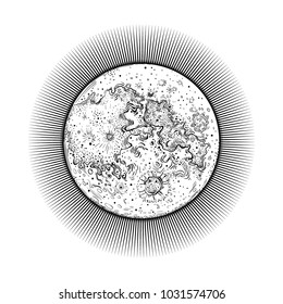 Moon, moonlight. Planetary motion. Earth satellite. Space. Orbital motion, monthly cycle. Poster, print. Vector illustration, cosmic element Tattoo.  Lunar disk, symbol, mascot. Mysticism. Coloring.