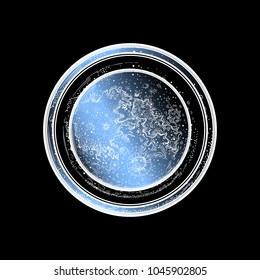 Moon, moonlight. Planetary motion. Earth satellite. Space. Orbital motion, monthly cycle. Poster, print. Vector illustration.