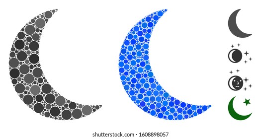 Moon mosaic of circle elements in different sizes and color hues, based on moon icon. Vector dots are combined into blue mosaic. Dotted moon icon in usual and blue versions.