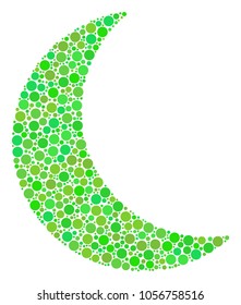 Moon mosaic of filled circles in different sizes and green color hues. Vector filled circles are composed into moon composition. Ecology vector illustration.
