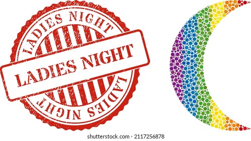 Moon mosaic icon of spheric blots in various sizes and spectrum colored color tints. Red round textured watermark with Ladies Night title. A dotted LGBT- colored moon for lesbians, gays, bisexuals,