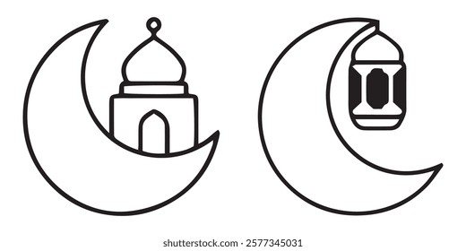 Moon and mosque icon. Muslim Mosque icon set. Islam Mosque silhouette collection set. Vector illustration eps 10