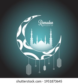 moon with mosque and lantern. vector illustration