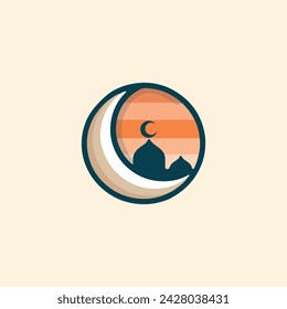Moon And mosque logo Circle style  illustration simple cream background