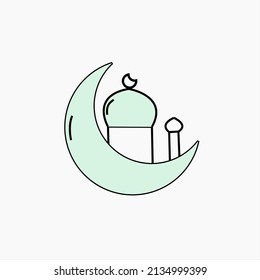 Moon und Moschee ramadan eid mubarak Symbol einzeln Vektorgrafik hellgrüne einfache Linie Kunst