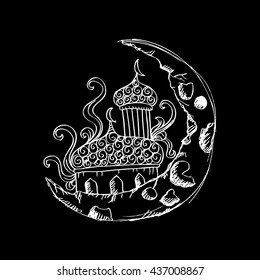  Moon and mosque . Sketchy style