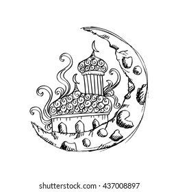  Moon and mosque . Sketchy style