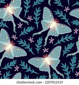 Moon moth with flowers vector seamles pattern