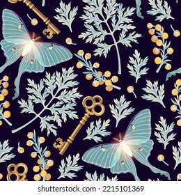 Moon moth and flowers vector seamles pattern