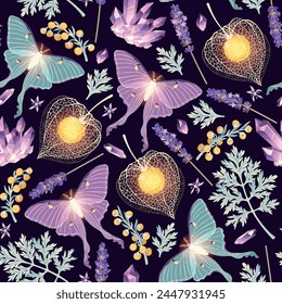 Moon moth and flowers vector seamless pattern