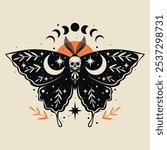 Moon moth illustration. For Halloween. Black moth and skulls. For cards, invitations, T-shirts and more.