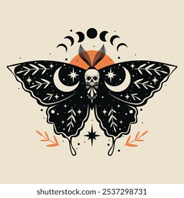 Moon moth illustration. For Halloween. Black moth and skulls. For cards, invitations, T-shirts and more.