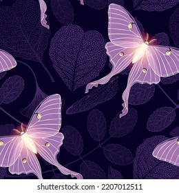 Moon moth with leaves vector seamles pattern