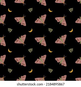 Moon moth seamless pattern. Cute night butterfly print. Witchcraft romantic background. Dark botanical design. Vector illustration. Retro flying moth wallpaper, card, textile, banner, spiritual paper.
