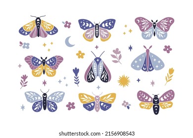 Moon Moth Vector Illustration Set. Celestial Butterfly With Moon Phases. Mystical Floral Insect Clipart On White Background. Design For Poster, Magic Card, T Shirt Print, Sticker.