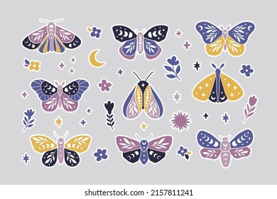 Moon Moth Vector Stickers. Celestial Butterfly With Moon Phases Illustration. Mystical Floral Insect Clipart. Set Of Symbols Of Weekly Or Daily Planner, To Do List, Diaries, Organizer.