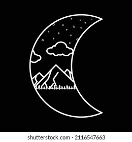 moon and mountain. Modern minimal linear template logos or emblems.Abstract engraving illustration with esoteric, boho, spiritual, themes, for tarot reader, card or posters. Vector Illustration.