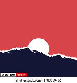 Moon and mountain silhouettes at night. Vector illustration.