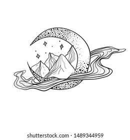 Moon and mountains in the clouds. Tattoo sketch. Vector graphic illustration on white isolated background