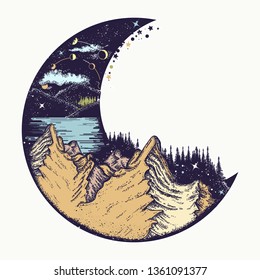 Moon and mountains color tattoo and t-shirt design. Infinite space, meditation symbols, travel and outdoor tourism 