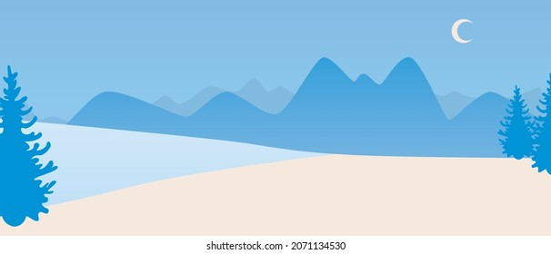 Luna en las montañas, copia la plantilla del espacio. Ilustración de material vectorial plano. Plantilla de superposición de invierno. Montañas azules de noche. Copiar el paisaje del espacio. Nieve en las montañas. Ilustración de superposición