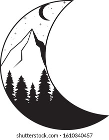 Moon and mountains, forest. Night landscape silhouette Nature
